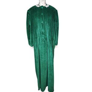 Vintage Saybury Large Green Velour Nightgown Housecoat, Lace Trim Pleated Granny
